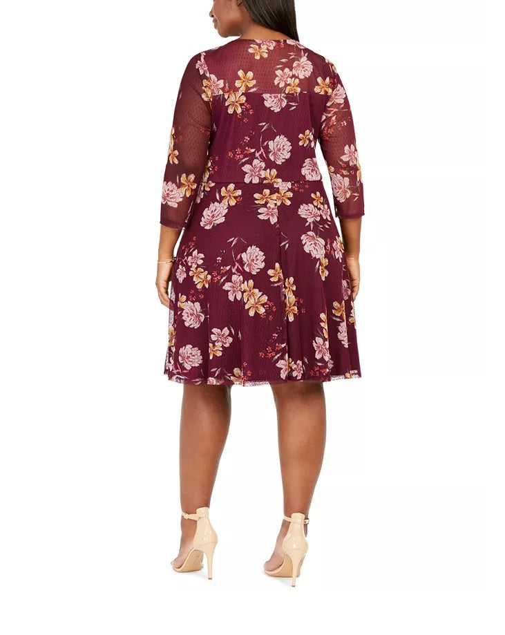 Love Squared Women's Plus Size Sweetheart Floral Swiss-Dot Dress Red Size 2X