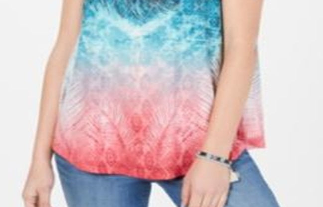 Style & Co Women's V Neck Printed Tank Top Blue Multi  Size -PP