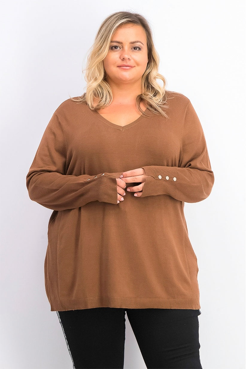JM Collection Women's Button-Cuff V-Neck Pullover Sweater Brown Size XX-Large