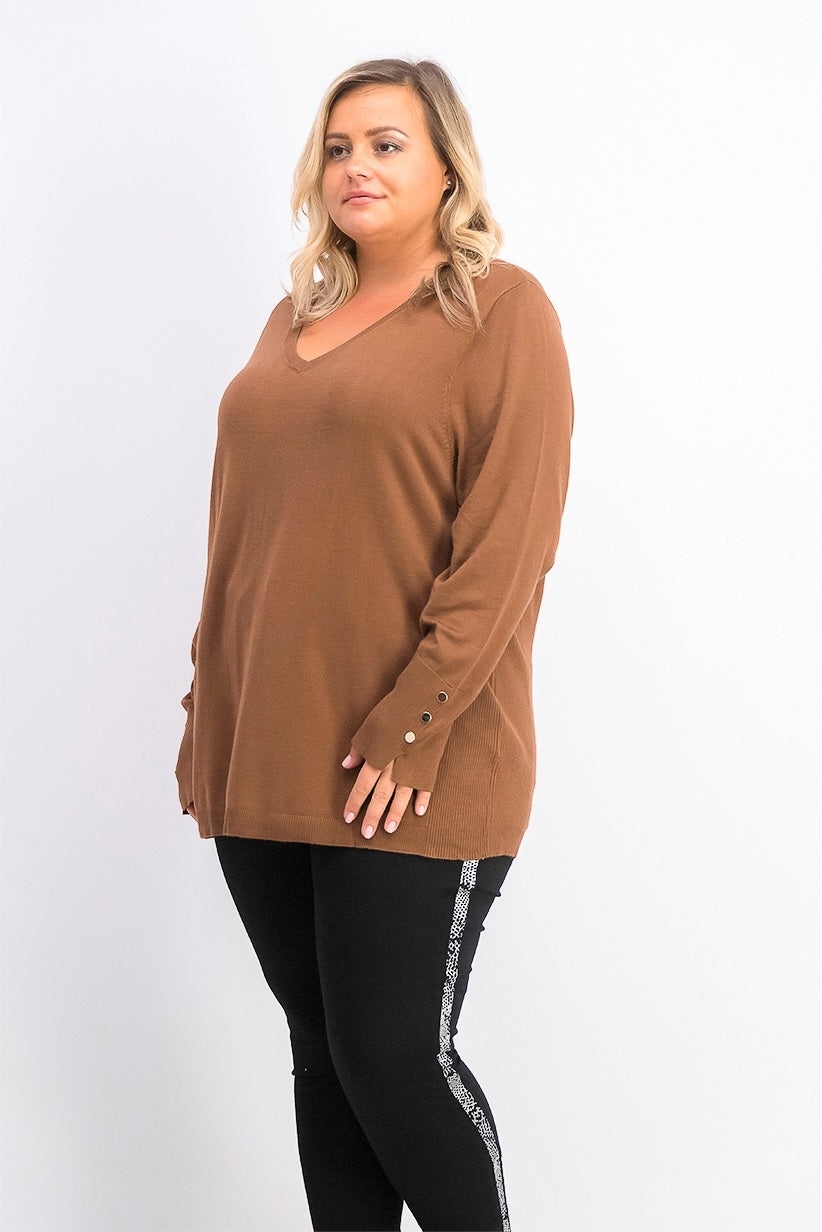 JM Collection Women's Button-Cuff V-Neck Pullover Sweater Brown Size XX-Large