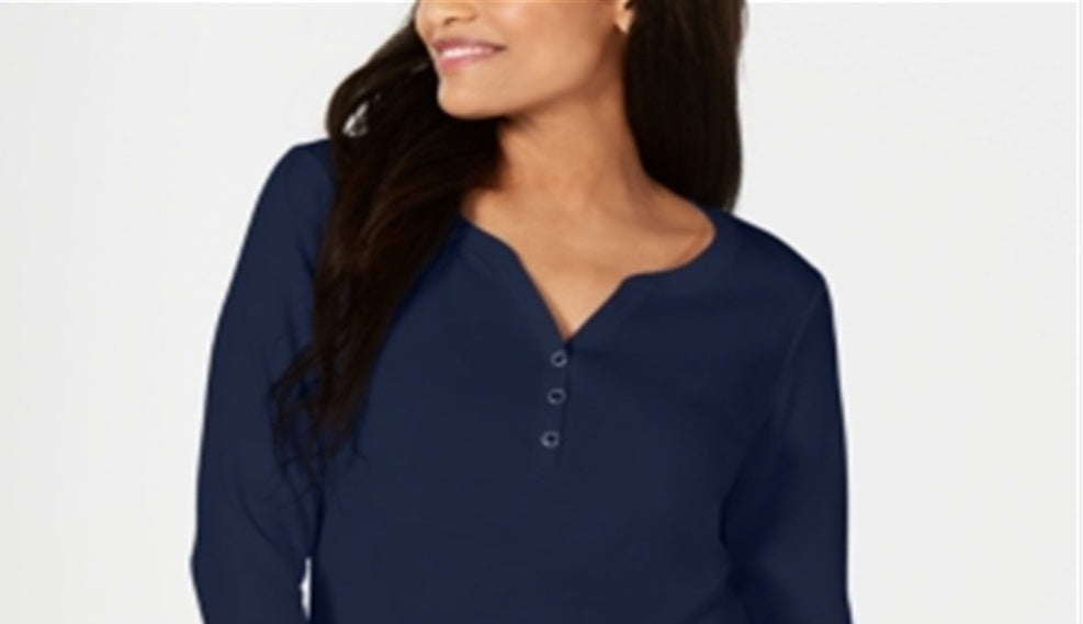 Karen Scott Women's Cotton Henley Shirt Navy Size Petite S/M