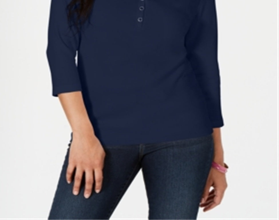 Karen Scott Women's Cotton Henley Shirt Navy Size Petite S/M