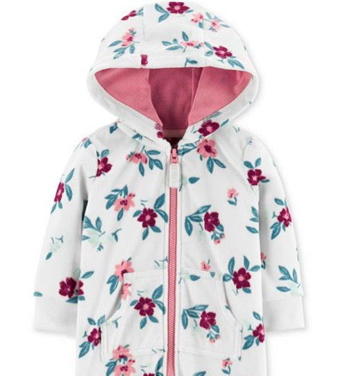 Carter's Girls' Jumpsuits Print Floral Fleece Hooded Playsuit White Size 24 Months