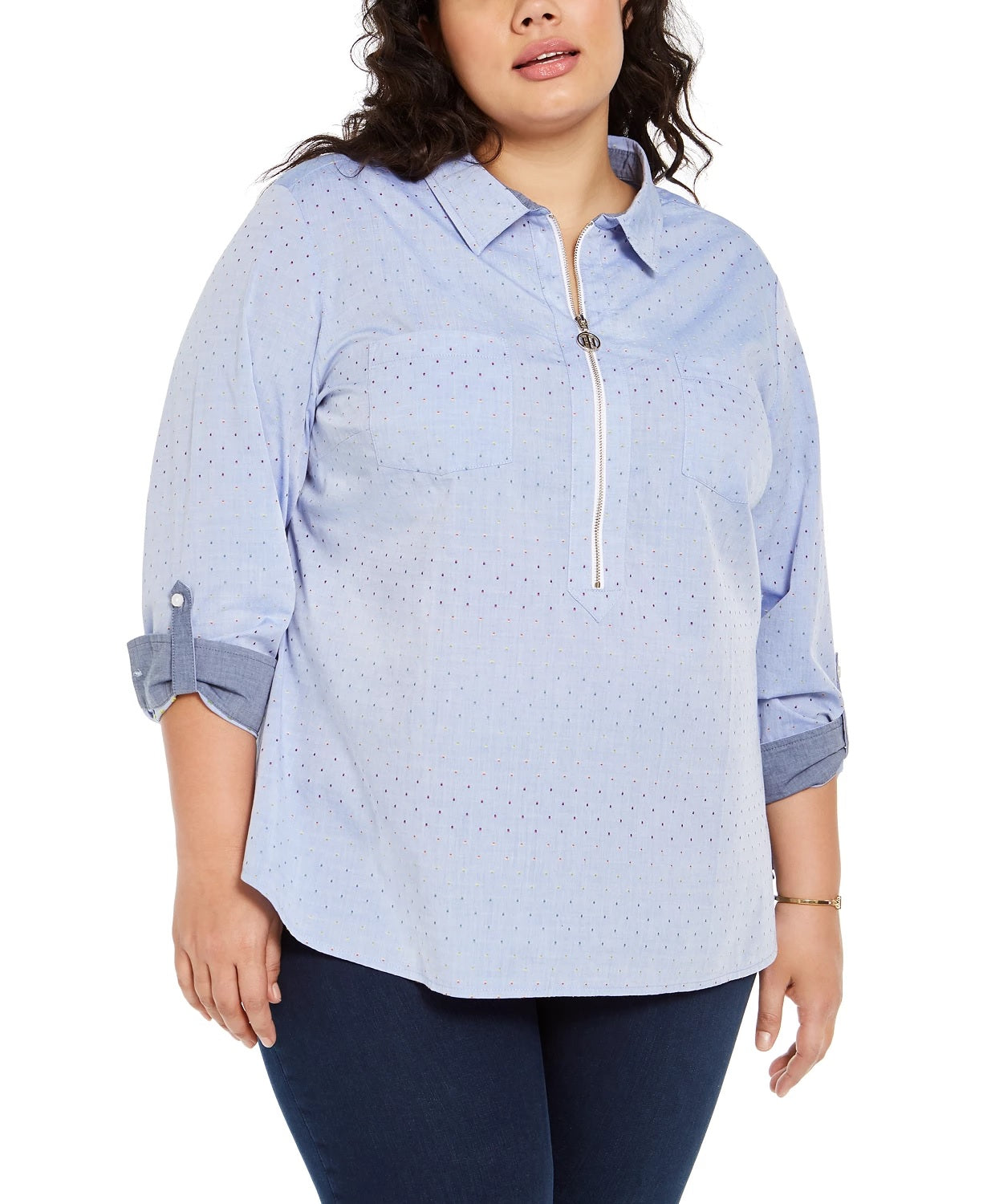 Tommy Hilfiger Women's Plus Size Polka Dot Zip-Front Cotton Shirt Blue Size 3X