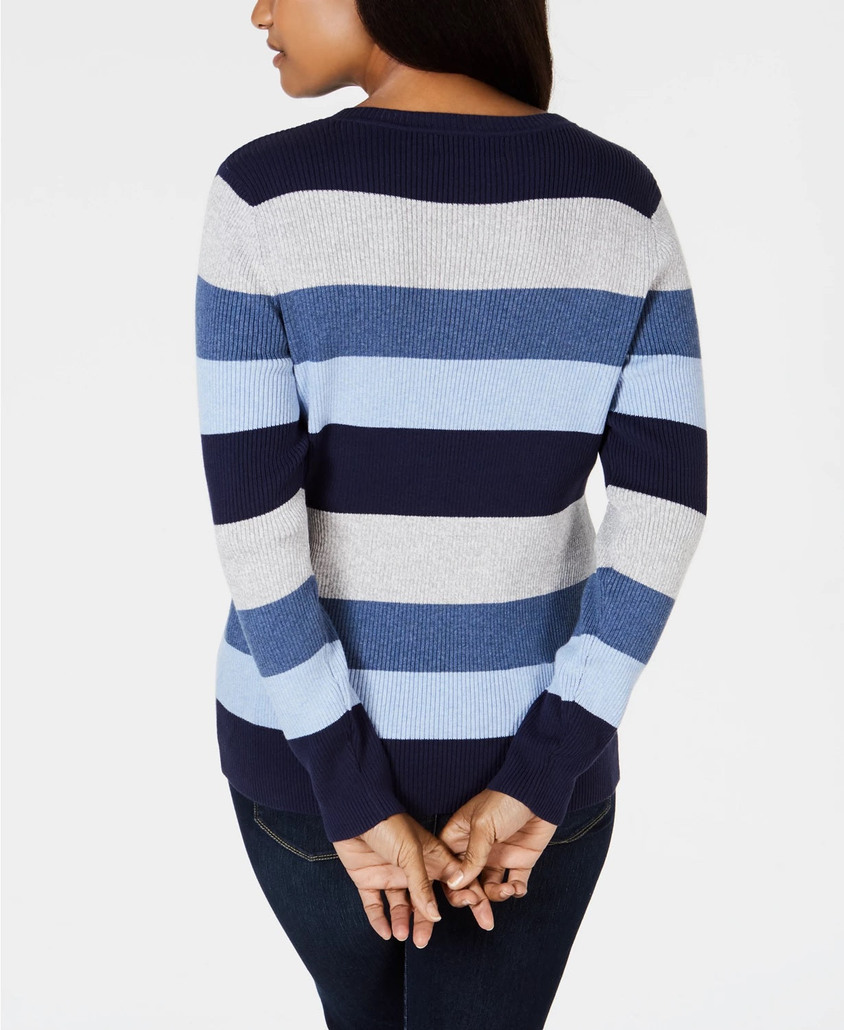 Karen Scott Women's Petite Striped Ribbed-Knit Cotton Sweater Blue Size Petite