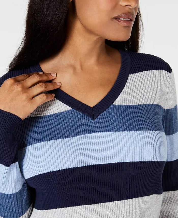 Karen Scott Women's Petite Striped Ribbed-Knit Cotton Sweater Blue Size Petite