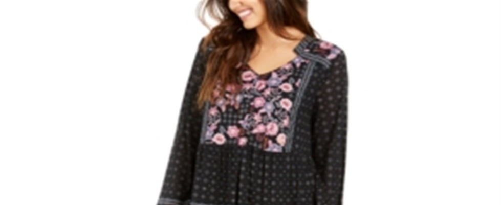 Style & Co Women's Printed Mesh Peasant Dress Black Size Petite L