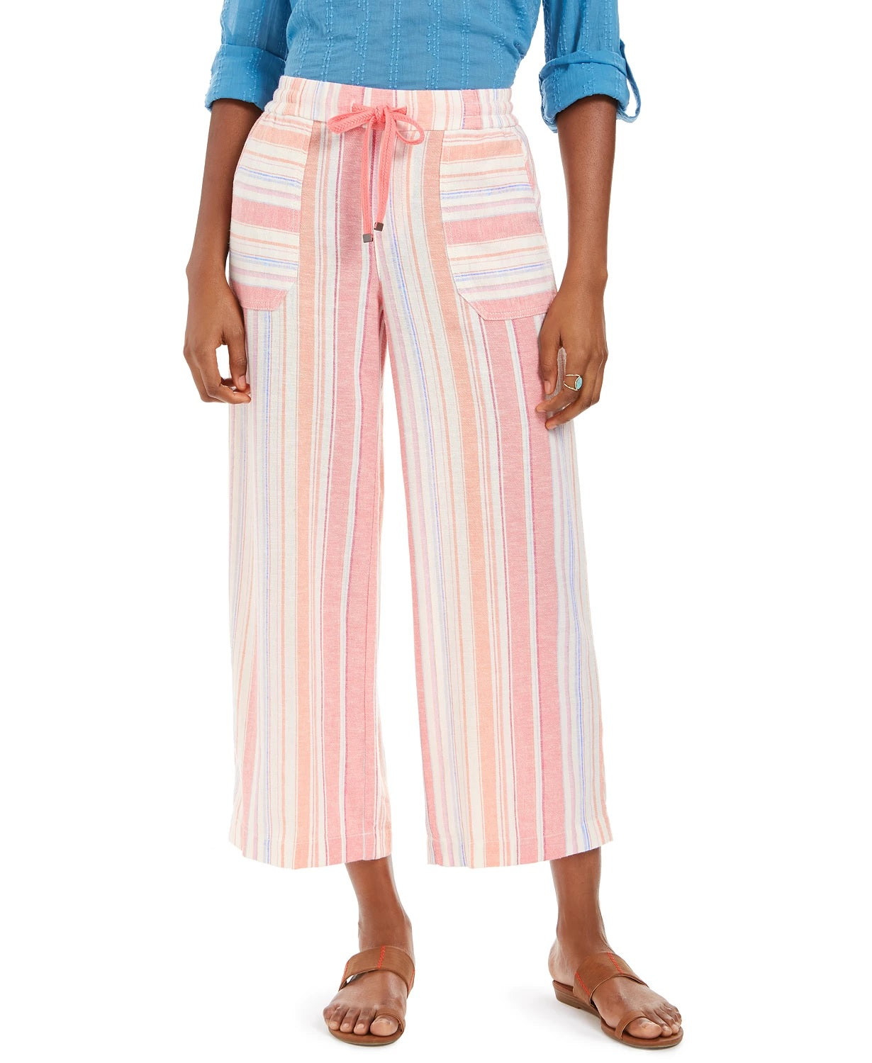 Style & Co Women's Striped Linen Cropped Pants  Pink Size Large