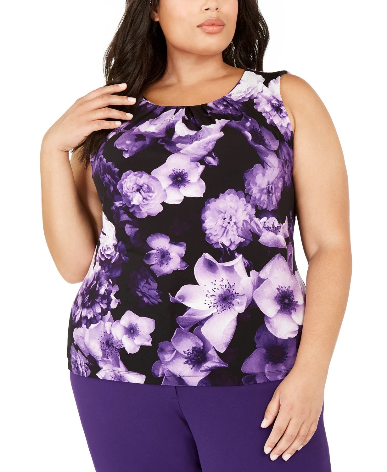 Calvin Klein Women's Plus Size Sleeveless Floral Pleat-Neck Top Black Size 1X