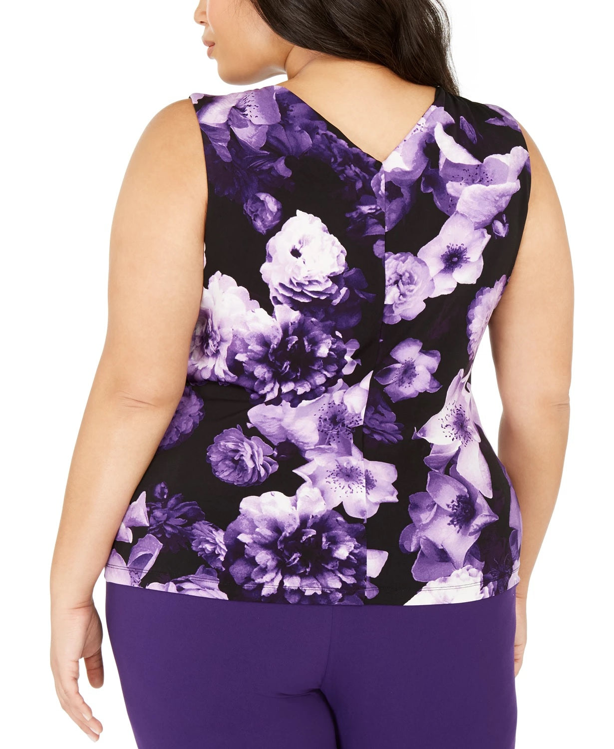 Calvin Klein Women's Plus Size Sleeveless Floral Pleat-Neck Top Black Size 1X