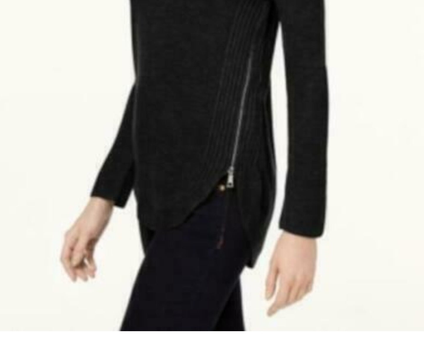 INC International Concepts Women's Waffle Knit Side Zip Tunic Sweater Black Size Petite S/M