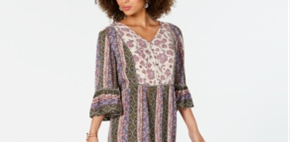 Style & Co Women's Printed Bell Sleeve Dress Green Size Petite S