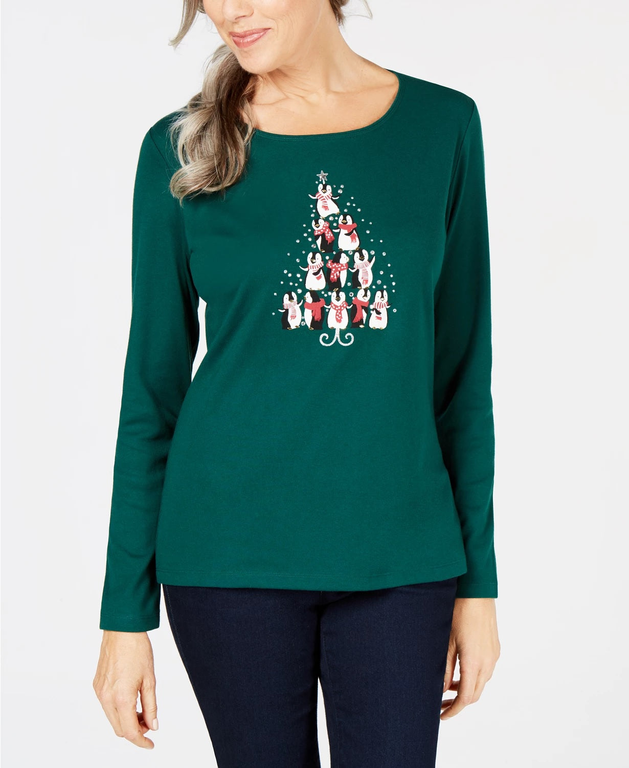 Karen Scott Women's Penguin Tree Graphic Top Green Size Medium
