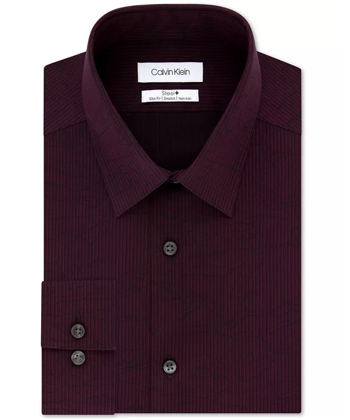 Calvin Klein Men's Steel Slim-Fit Non-Iron Stretch Performance Print Dress Shirt Red Size 34-35