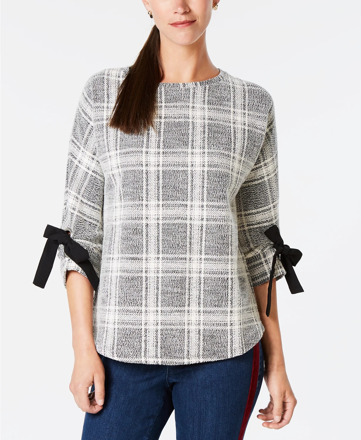 Charter Club Plaid Bow-Sleeve Top Black Size XX-Large