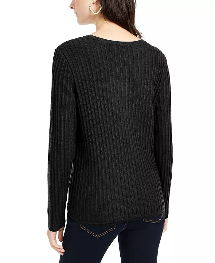 INC International Concepts Women's Petite Ribbed-Knit Tie-Hem Sweater Black Size 44