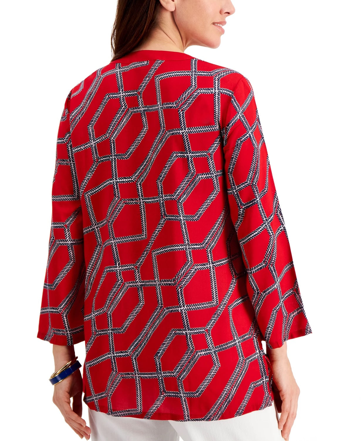 Charter Club Women's Cotton Printed Lace-Up Tunic Red Size Medium