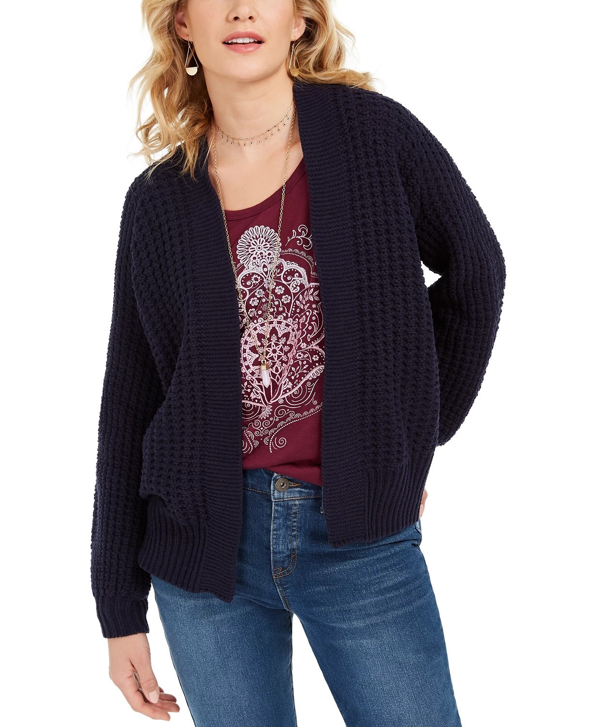 Style & Co Women's Chunky Cable-Knit Open-Front Cardigan Navy Size Large