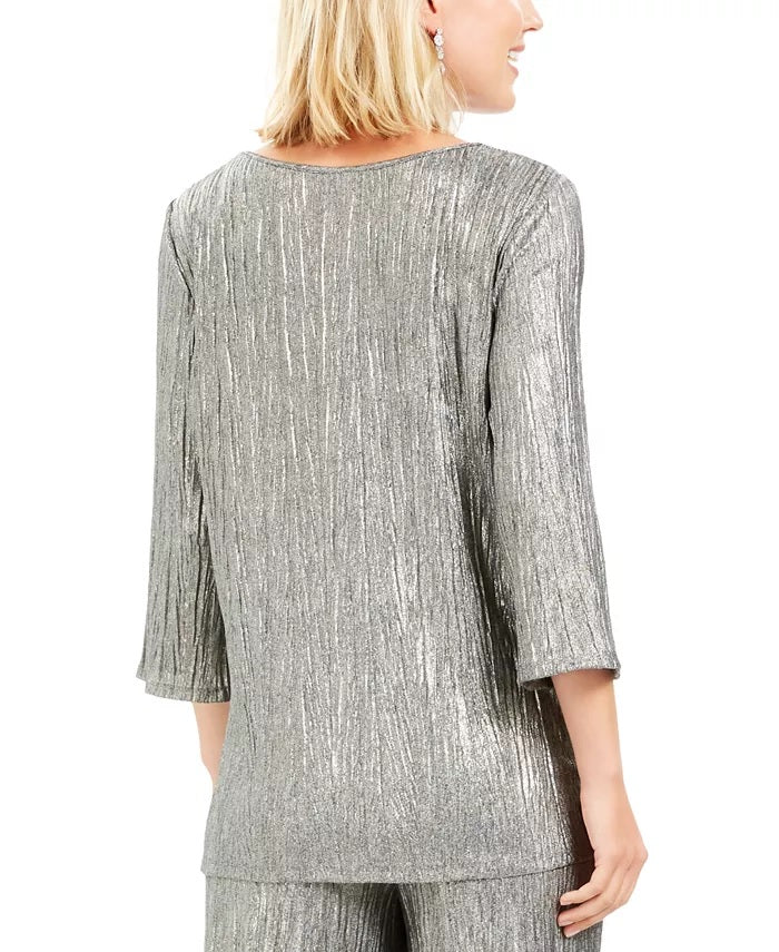 JM Collection Women's Metallic Crinkle Tie-Hem Top Gray Size XX-Large