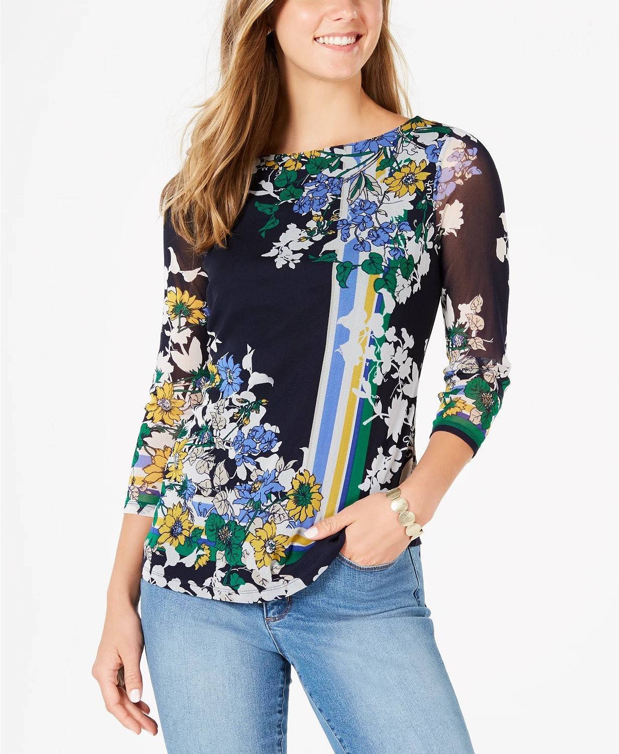 Charter Club Women's Printed 3/4-Sleeve Top  Blue Size Large
