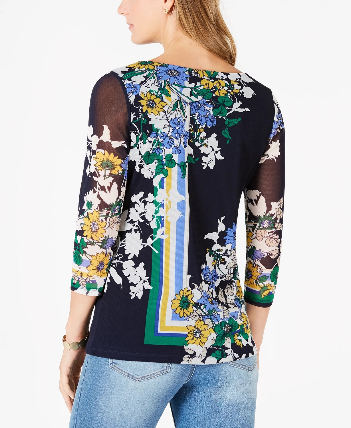 Charter Club Women's Printed 3/4-Sleeve Top  Blue Size Large