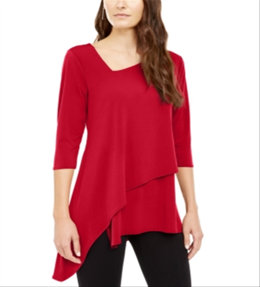 Alfani Women's Asymmetrical Envelope Hem Top Chinese Red Size Petite S