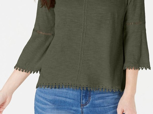 Style & Co Women's Crochet Trim Bell Sleeve Top Green Size Petite M