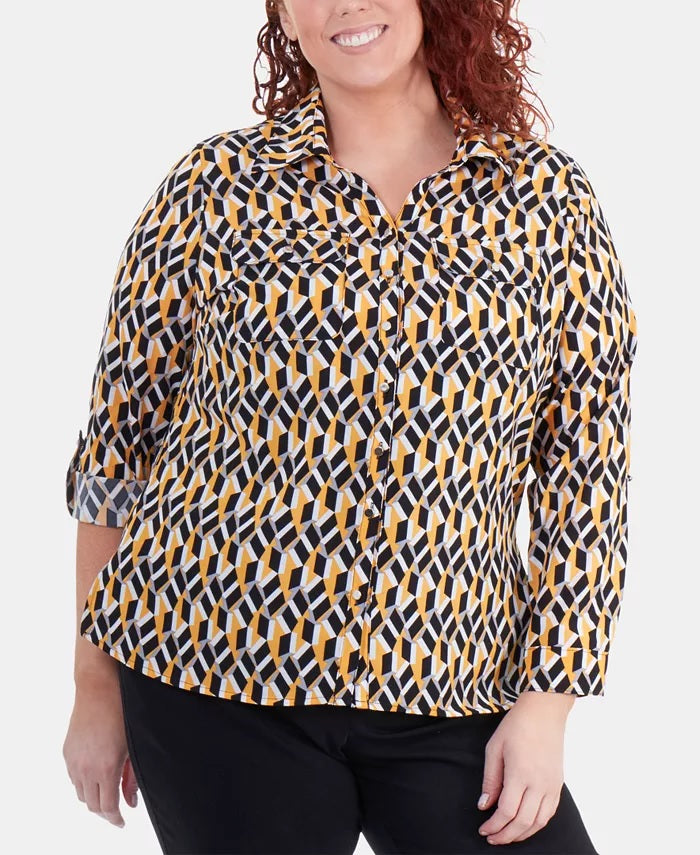 NY Collection Women's Plus Size Printed Utility Shirt Dark Yellow Size 2X
