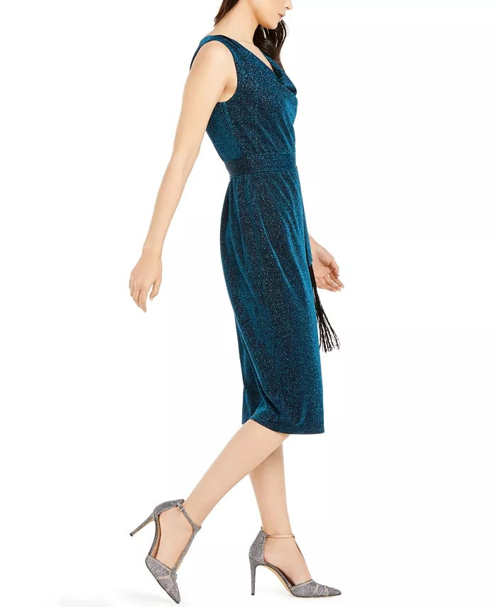 INC International Concepts Women's Belted Cowlneck Shimmer Dress Black Size 14