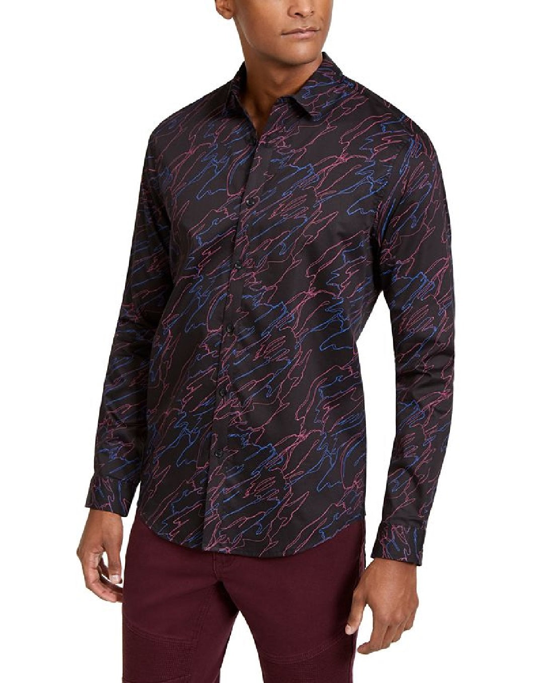 INC International Concepts Men's Sylas Print Woven Button Down Shirt Black Size Medium