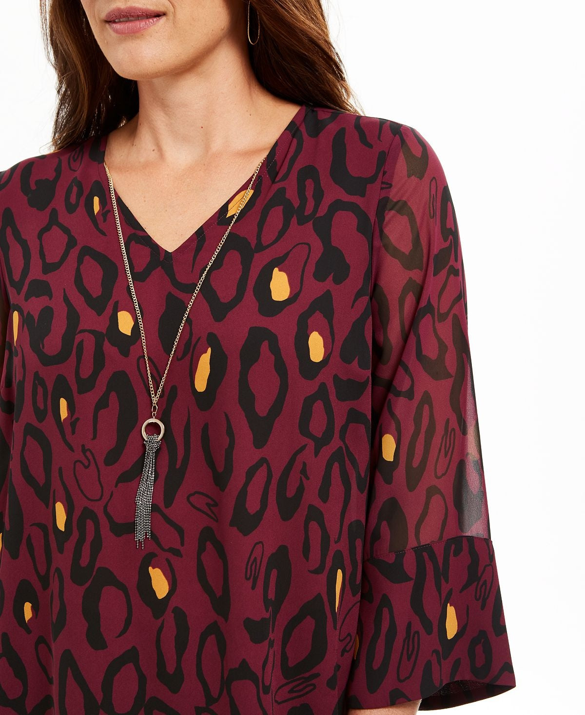 JM Collection Women's Printed Necklace Blouse Purple Size Petite L