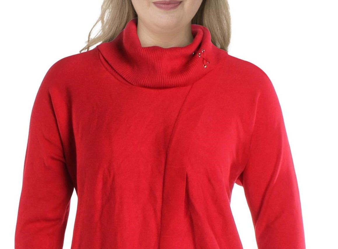 JM Collection Women's Plus Lace up Ribbed Trim Poncho Sweater Red Size 0X
