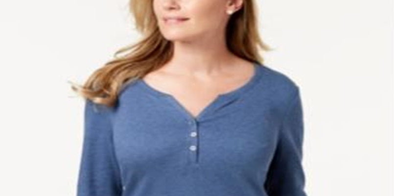 Karen Scott Women's Cotton Henley Top Blue Size Large
