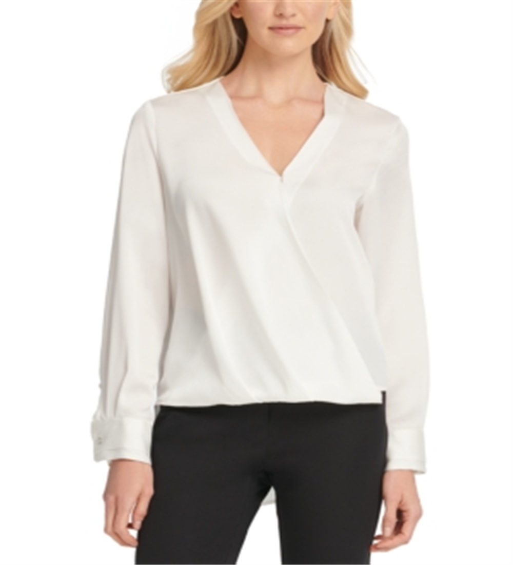 DKNY Women's Blouse High Low Surplice White Size Medium