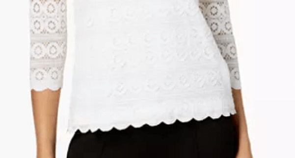 Charter Club Women's Lace 3/4-Sleeve Top White Size Petite Small