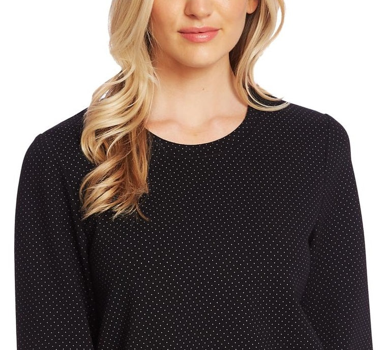 CeCe Women's Long Sleeve Pindot Scalloped Edge Top Black Size S