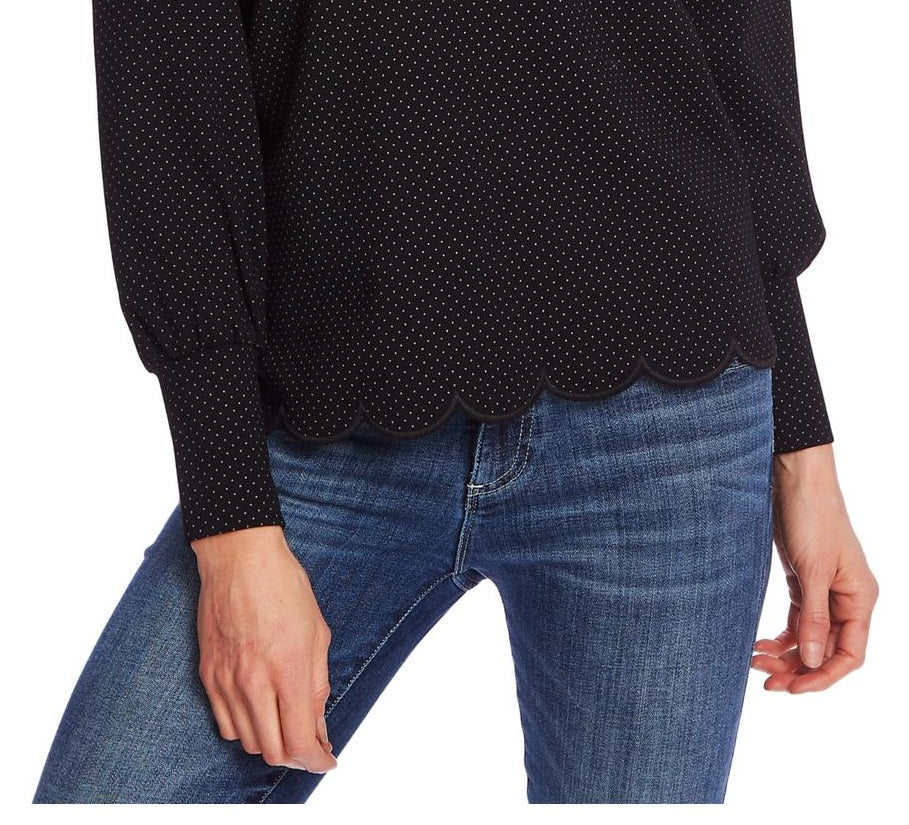 CeCe Women's Long Sleeve Pindot Scalloped Edge Top Black Size S