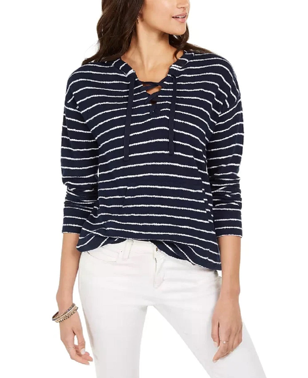 Style & Co Women's Striped Lace up Hoodie Blue Size X-Large