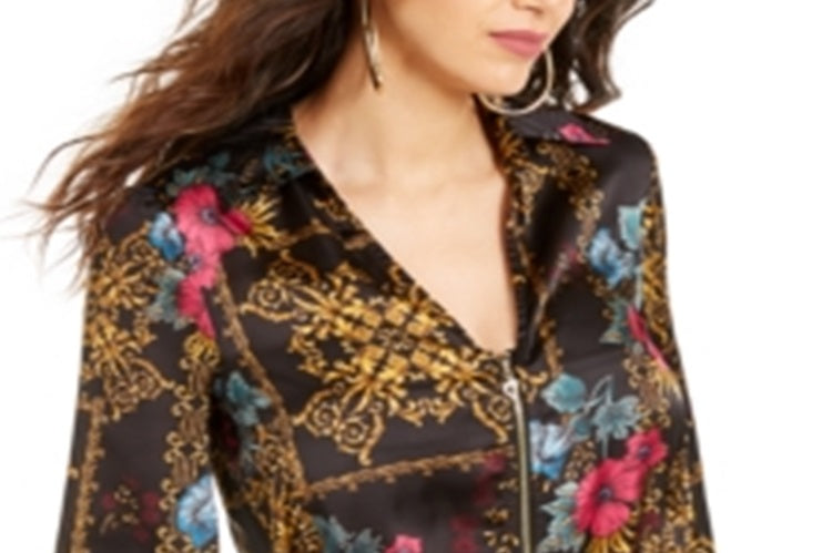 Thalia Sodi Women's Printed Zip Peplum Top Black Size L