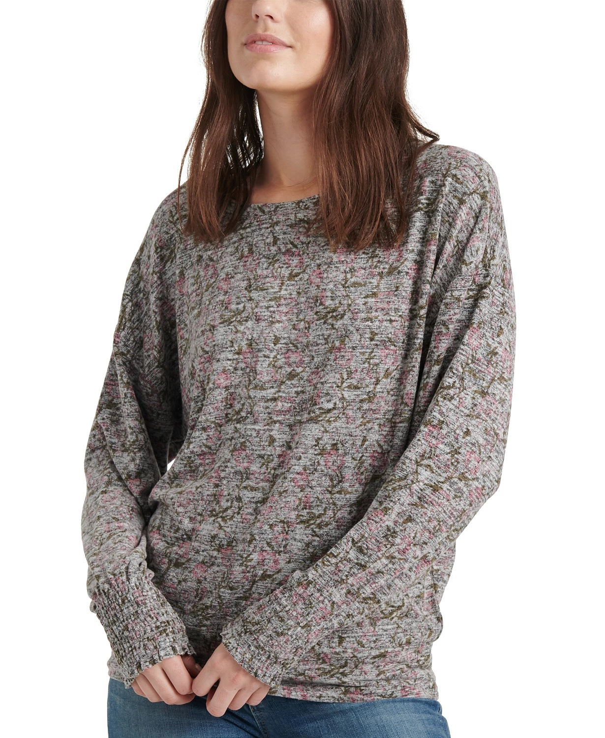 Lucky Brand Women's Floral Smocked-Cuff Top Pink Size X-Large