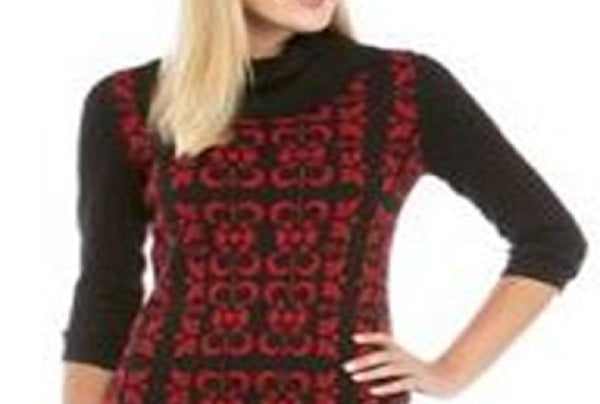 Nine West Women's Floral Tile Double Jacquard Sweater Dress Black Size Small