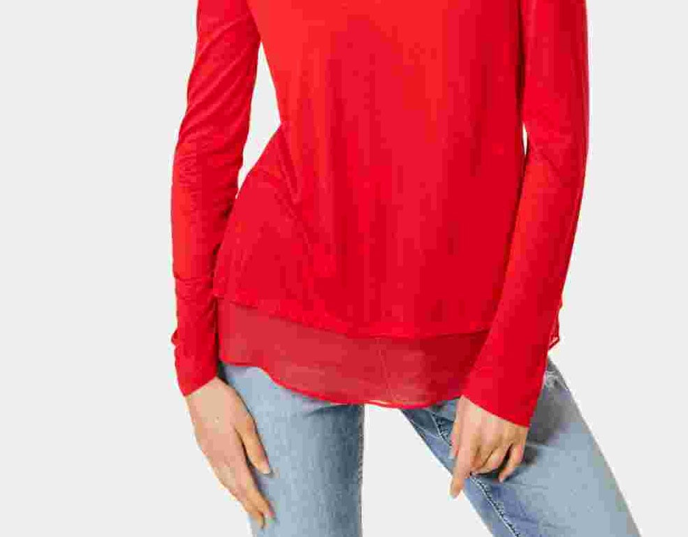 INC International Concepts Women's Sheer Trim Basic T Shirt Red Size Medium
