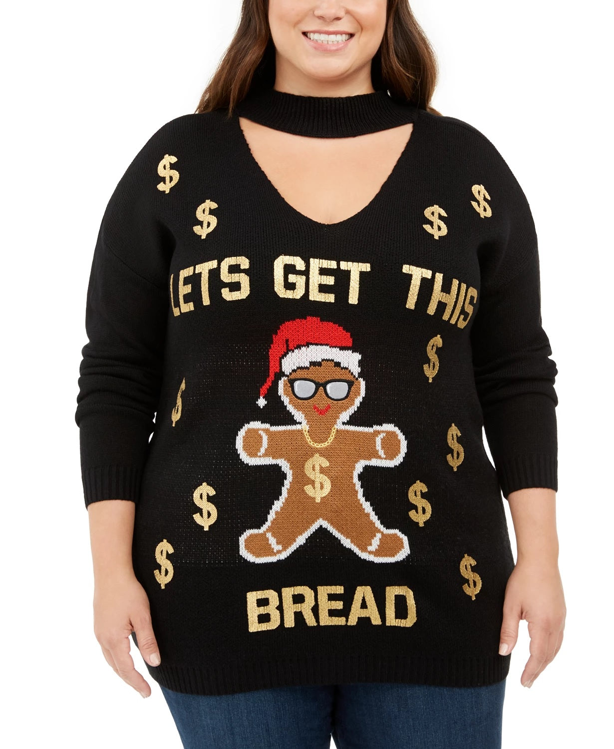 अल्ट्रा फ्लर्ट महिलाओं के लिए ट्रेंडी प्लस साइज़ लेट्स गेट दिस ब्रेड चोकर स्वेटर काला साइज़ 3X