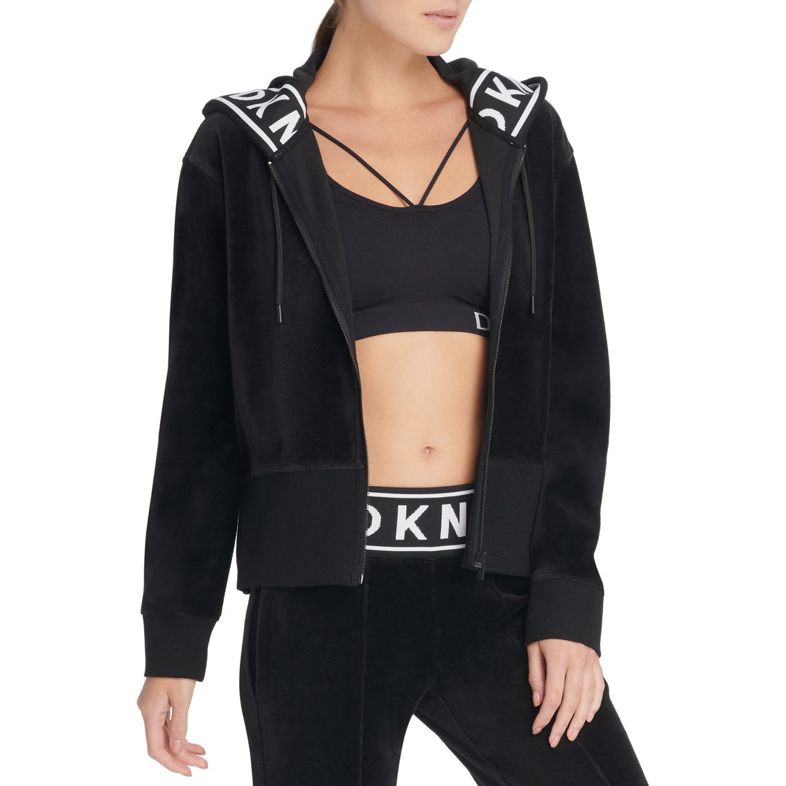 DKNY महिला स्पोर्ट्स लोगो कफ ज़िपर हूडी काले रंग में, साइज़ S