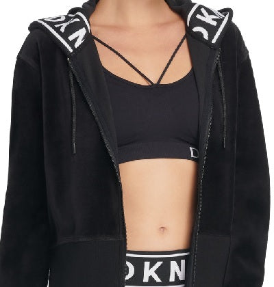 DKNY महिला स्पोर्ट्स लोगो कफ ज़िपर हूडी काले रंग में, साइज़ S