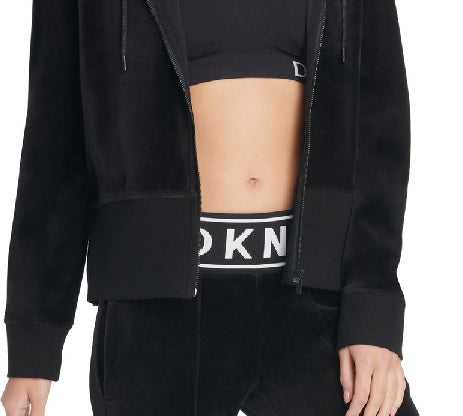 DKNY महिला स्पोर्ट्स लोगो कफ ज़िपर हूडी काले रंग में, साइज़ S