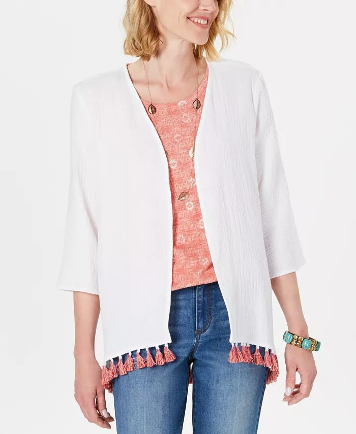 Style & Co Women's Cotton Tassel-Trim Kimono Top White Size Large