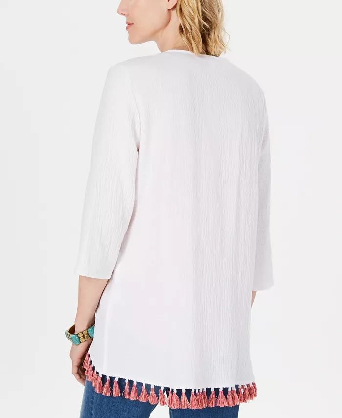 Style & Co Women's Cotton Tassel-Trim Kimono Top White Size Large