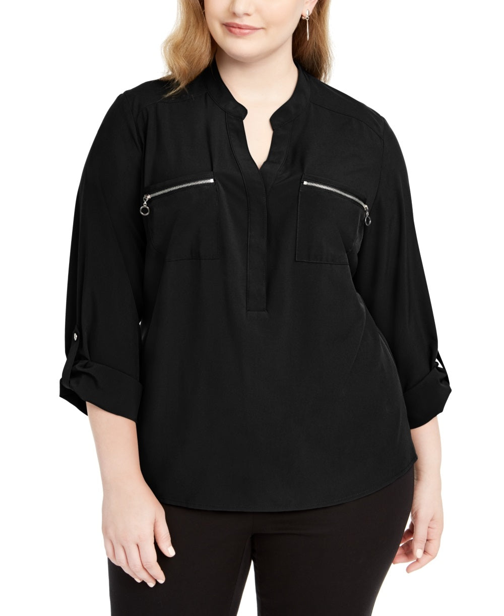 NY Collection Women's Zip Pocket Utility Shirt Black Size 1X