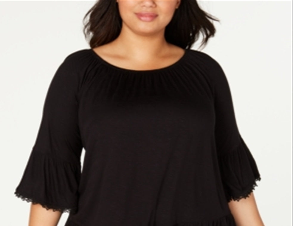 Style & Co Women's Plus Flounce 3/4 Sleeve Top Black Size 0X